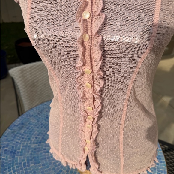 Vintage Pink Sheer Ruffle Button-Down Top - Picture 2 of 5